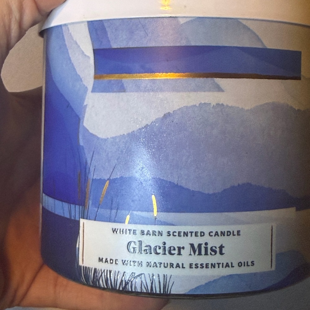 White Barn Glacier Mist Candle with Blue and White Design